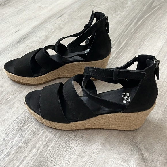 Eileen Fisher Wali Espadrille Wedge Sandals Leather Nubuck Black NEW Womens 8 - Picture 10 of 13